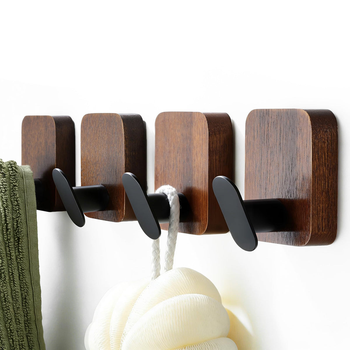 DELITON Wooden Wall Hooks, 4 Pack Acacia Adhesive Towel Hooks Sticky on Bathrooms, Kitchen, Entryway, Heavy Duty, Wall Decor
