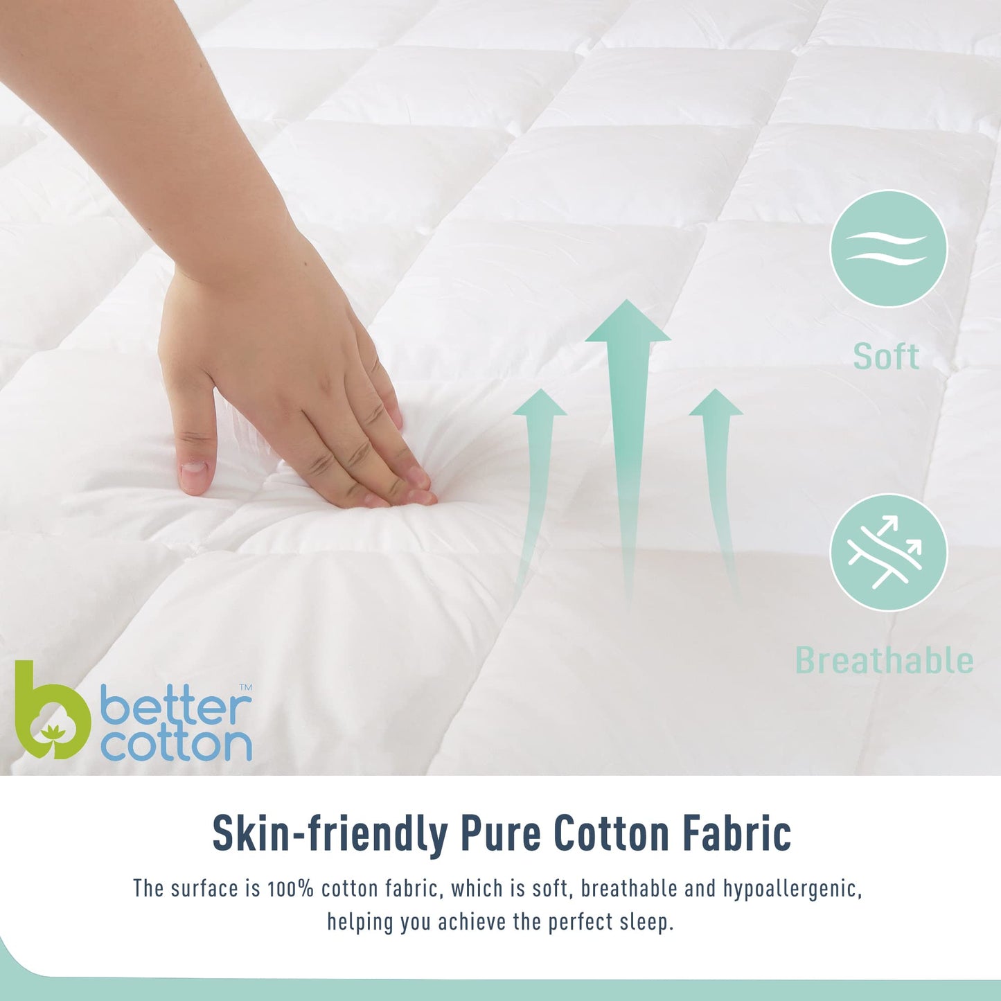 HOMTEC Queen Mattress Pad Cotton Mattress Pad Cover Quilted Mattress Cover 18-22" Deep Pocket Mattress Protector Queen Size White Down Alternative Filling Noiseless & Breathable