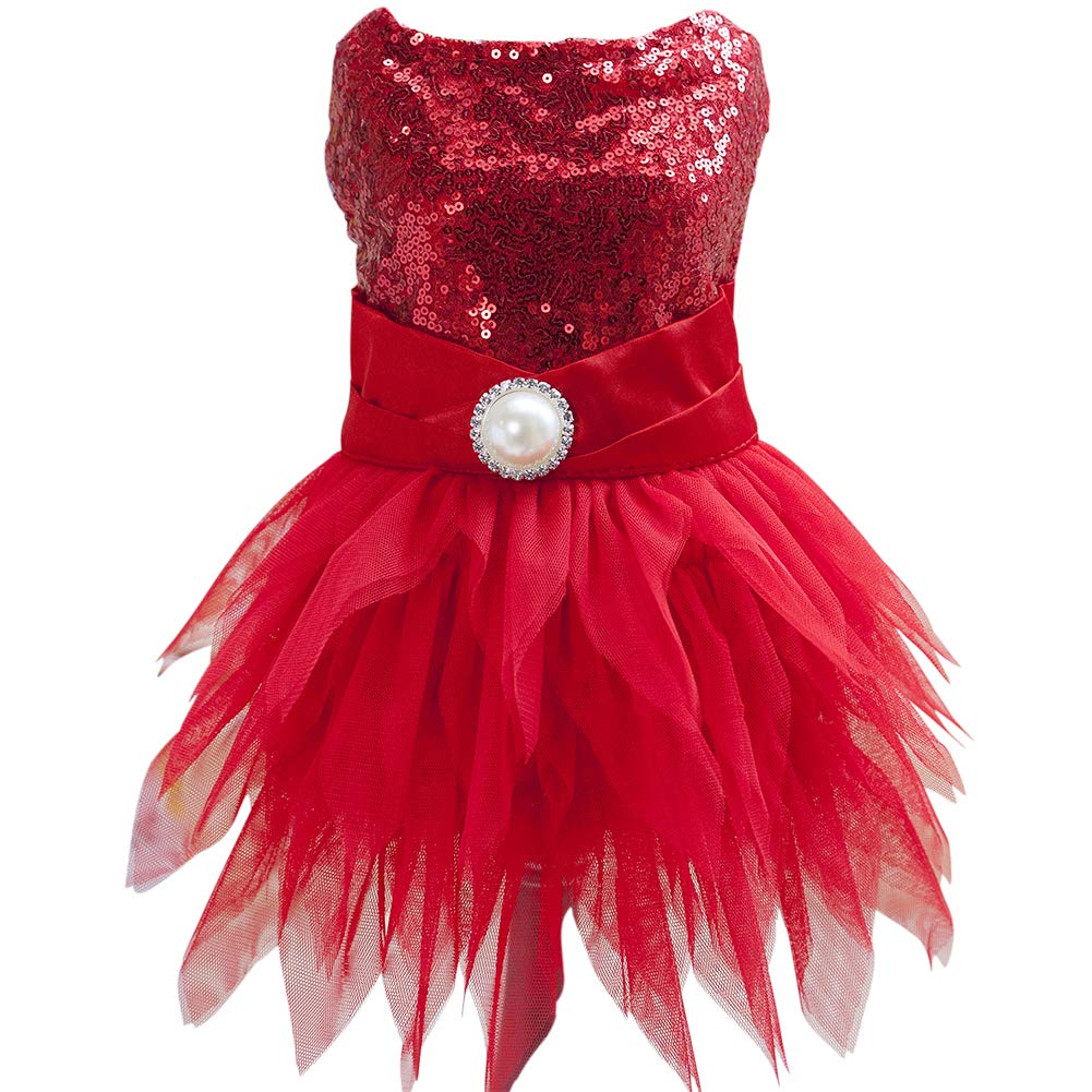 Tangpan Beam Waist Christmas Pet Costume Dog Dance Skirt Satin Camp Party Dress(Red,M)
