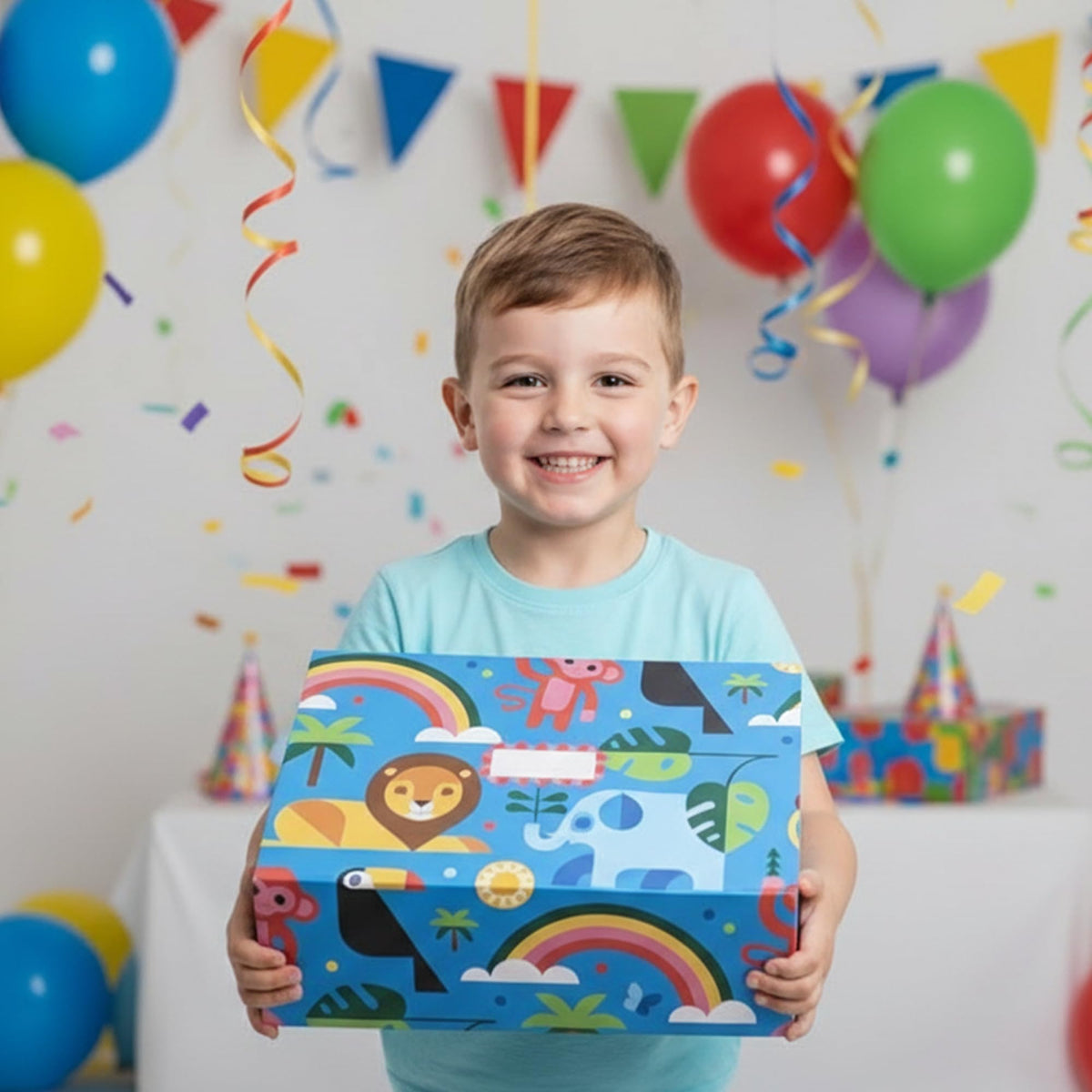 Sorarto Birthday Box for Kids – Jungle Animal Memory Box for Keepsakes with Magnetic Lid – Sturdy Decorative Gift Box for Boys & Girls (Lion, Elephant, Rainbow) – 11.5" x 7.5" x 3.5"