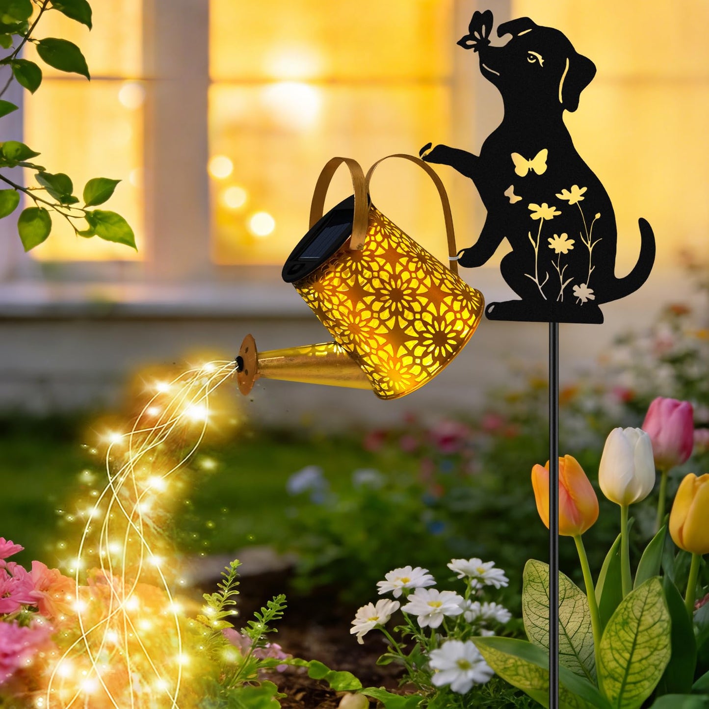 VOOKRY Solar Watering Can Lights Outdoor with Dog Silhouette Stake, Garden Gifts for Mom, Women & Garden Lovers Waterproof Metal Garden Lantern, Decorative Yard Patio Lawn Pathway Decor(1 Pack)