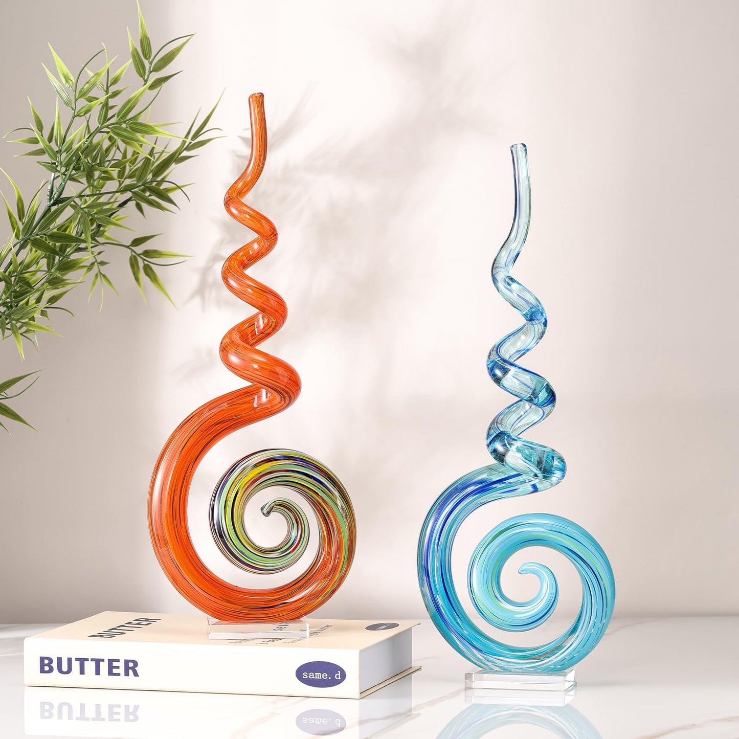 15" Tall Hand-Blown Murano-Style Glass Sculpture Statues Art Ornament Statue Figurines Home Decor Accent Piece Coastal Ocean Nautical Home Decor,Shelf,TV Stand,Tabletop Centerpieces,Wonderful Gift