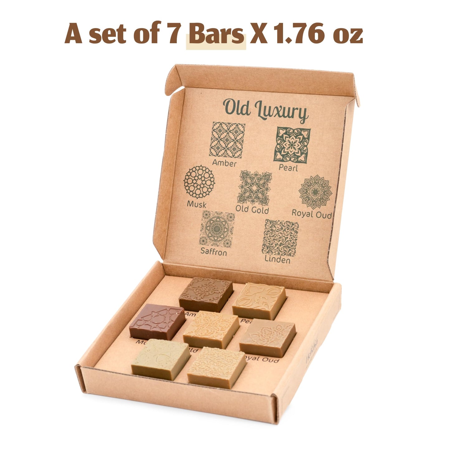 Hekaya Olive Oil Soap Variety Pack – Set of 7 Scented Bar Soaps (Royal Oud, Amber, Pearl, Musk, Old Gold, Saffron, Linden) – Handmade, Vegan, Natural Skincare for Face & Body – 12.34 oz Total