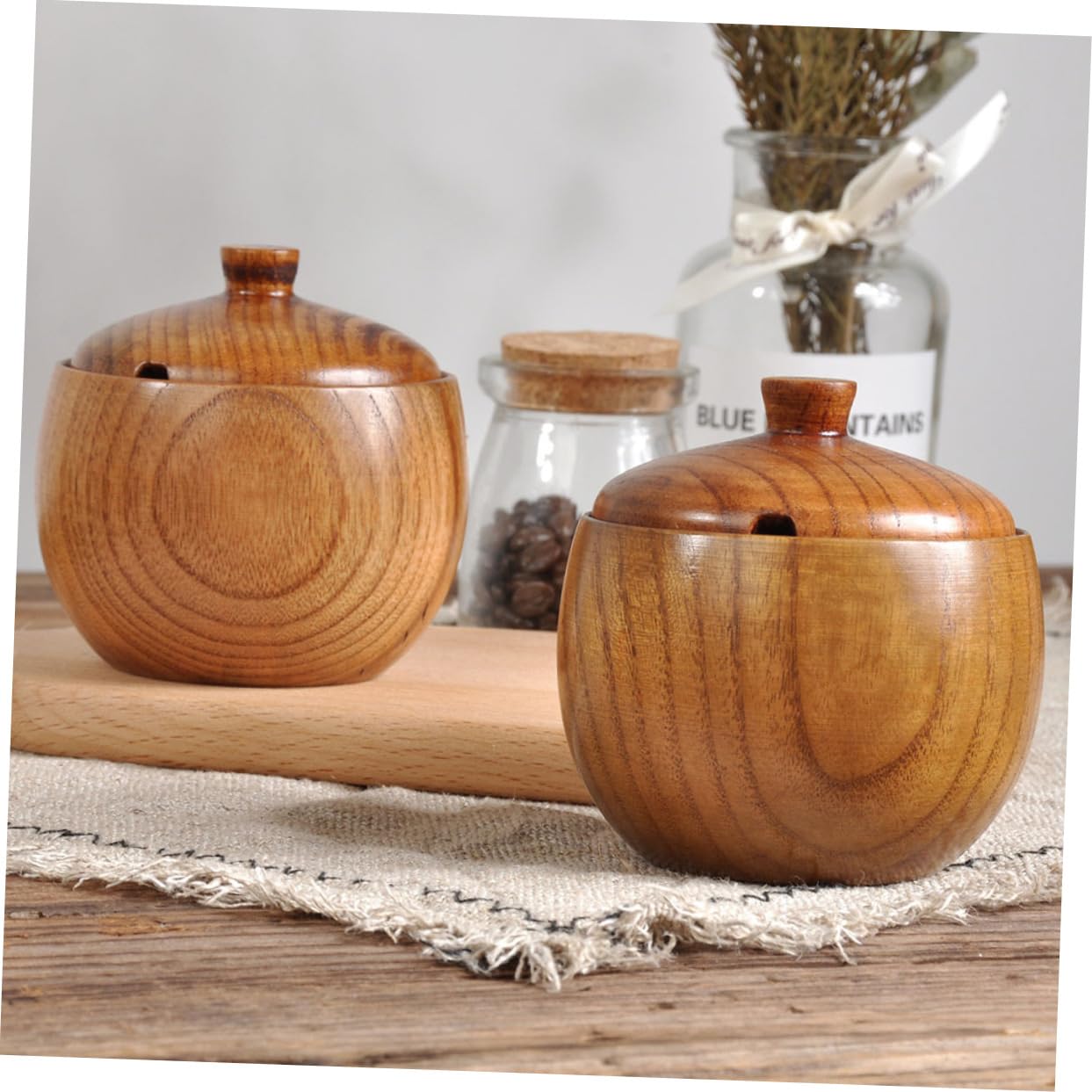 Zerodeko Wooden Seasoning Box with Lid and Spoon Solid Wood Condiment Pot Kitchen Seasoning Holder for Salt Sugar Spices 3.54X3.54X2.51In
