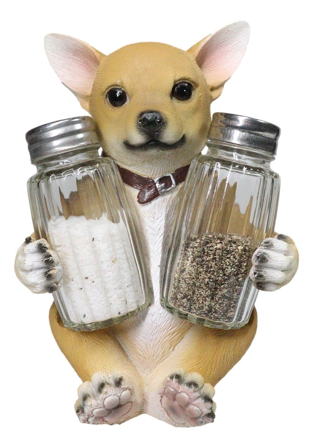 Ebros Picante Teacup Tan Chihuahua Puppy With Collar Salt And Pepper Shakers Holder Figurine Set 6.25"H Chi Chi Taco Dog Animal Pet Pal Kitchen Dining Bar Accent Sculpture