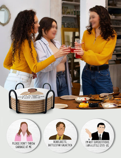 PWHINGN Funny The Office Themed Coasters for Drinks - New Girl Merchandise Coasters Set of 6 with Holder, New Girl Merch TV Show Gifts for Coffee Table, The Office Gifts for Man Women Fans