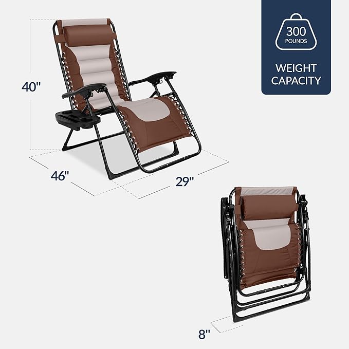 Best Choice Products Oversized Padded Zero Gravity Chair, Folding Outdoor Patio Recliner, XL Anti Gravity Lounger for Backyard w/Headrest, Cup Holder, Side Tray, Polyester Mesh - Brown/Oyster