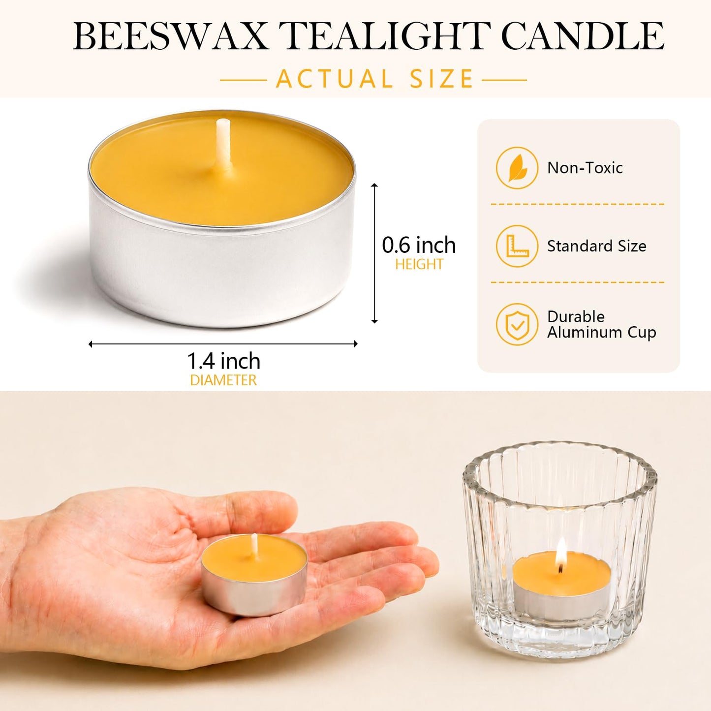 32 Pack Natural Beeswax Tealight Candles 4-5 Hour Long Burning Time