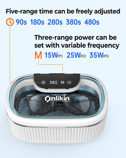 onlikin 35W Ultrasonic Jewelry Cleaner, 45KHz Retainer Cleaner for Jewelry, 5 Timer & 3 Power Modes, Eyeglasses, Rings, Watch Strap, Dentures - 20oz, 304 Stainless Steel Tank, Quiet <38dB (White)