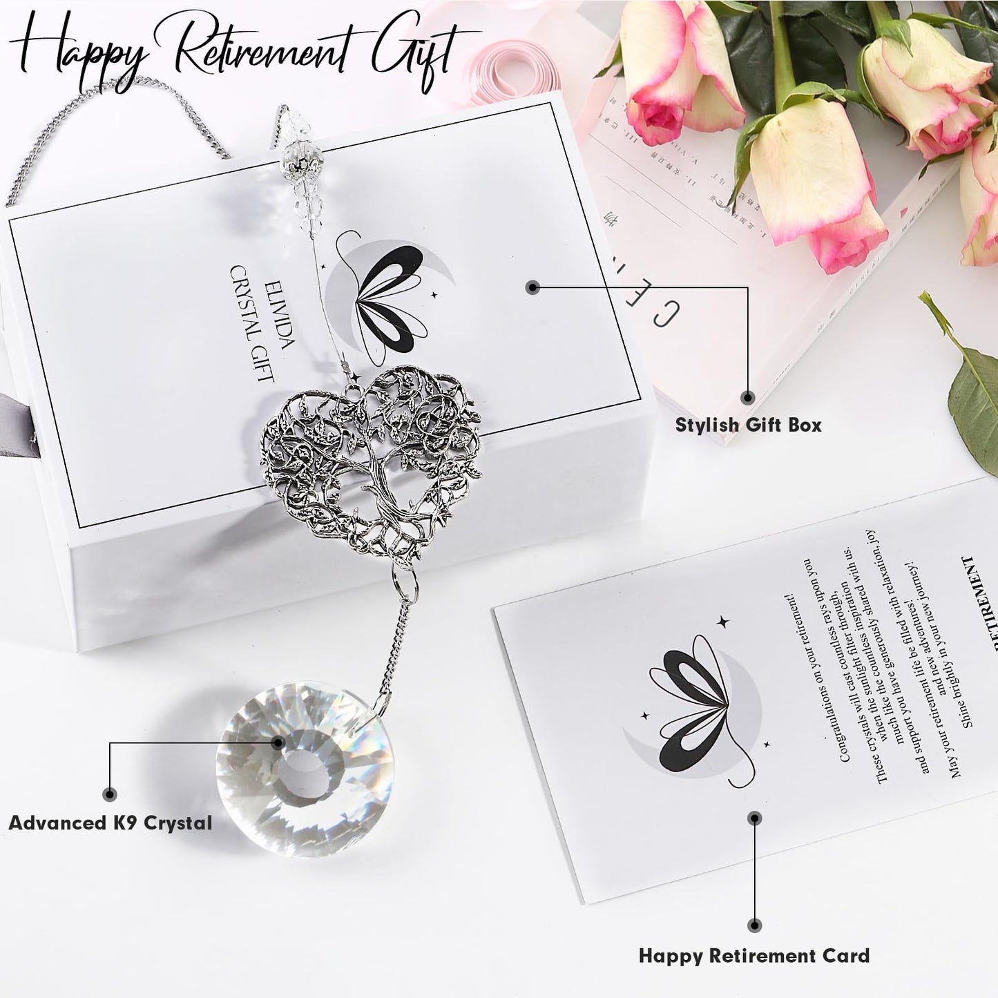 Elivida Retirement Gift for Woman Men, Best Gifts for Retirement 2025, You Shine The Work Rainbow Maker Cool Farewell Gifts, Going Away Gift Crystal Hanging Ornament, Heart Shaped Tree Life Design
