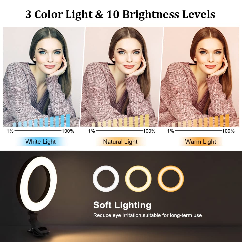 Ring Light with Tripod Stand&Clip Video Calls, Evershop 5" Video Conference Halo Light 3 Light Colors+10 Brightness 360°Rotate Led Ring Light Stand Desk for Makeup PC Zoom Meeting YouTube TiKTok