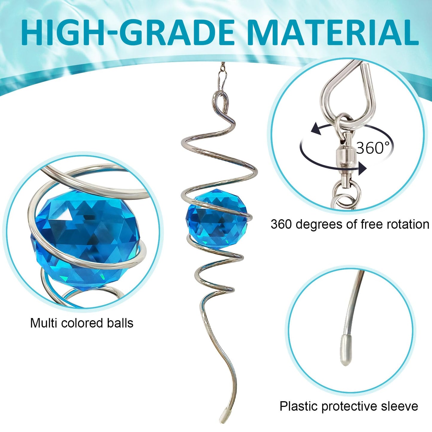 Eiryhope Gazing Ball Spiral Tail, Wind Spinner Spiral Peacock Blue Crystal Orb with Swivel Hook, Sun Catcher Rainbow Maker Hanging Decor for Yard Garden Rotating Art Ornaments Great Gifts 13" Height