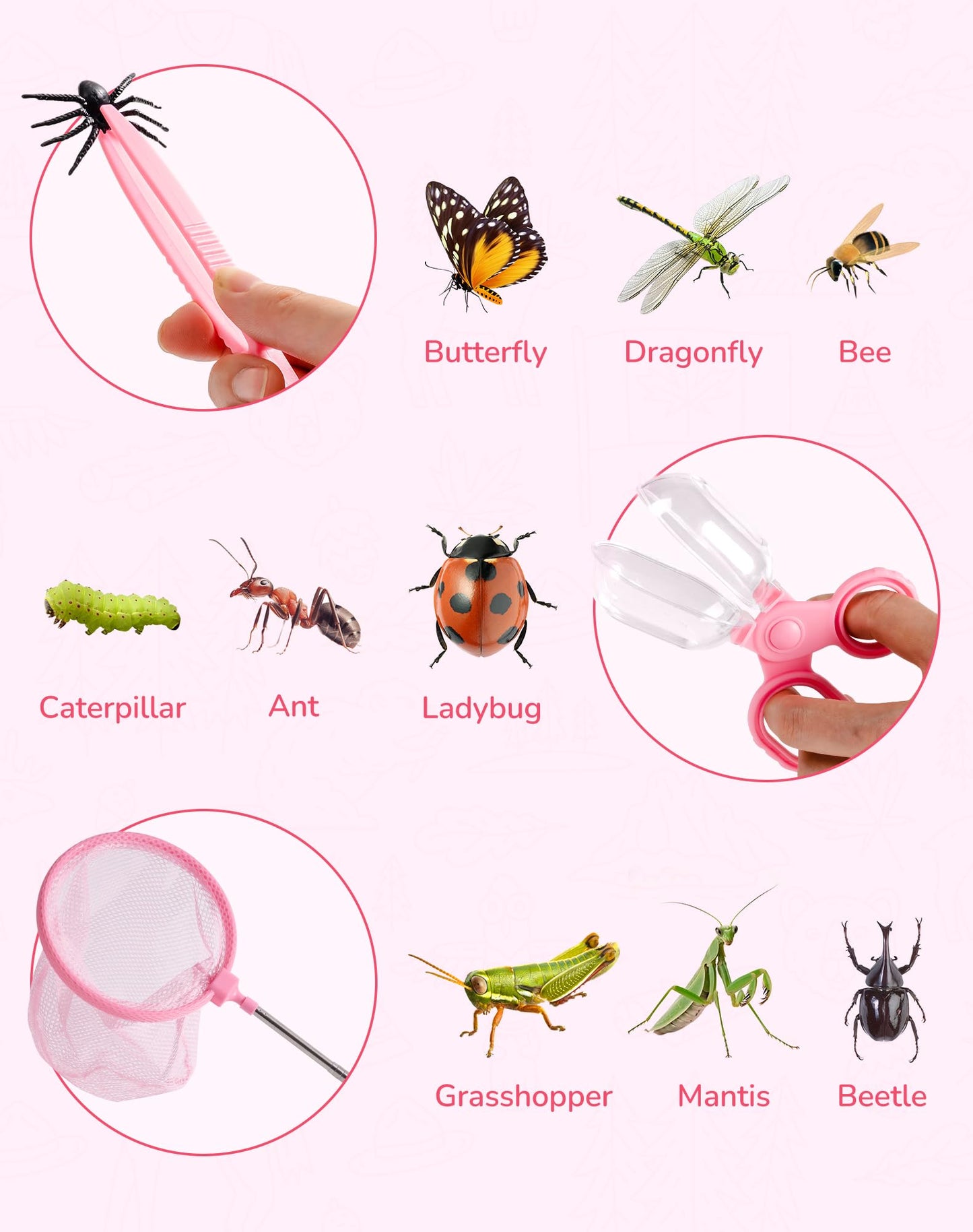 ROBUD Upgraded Bug Catcher for Kids, Bug Catching Kit with Bag Kit, Pink Outdoor Exploration Set for Camping, Montessroi Toy for Kids Coming Closer to Nature，WRP59