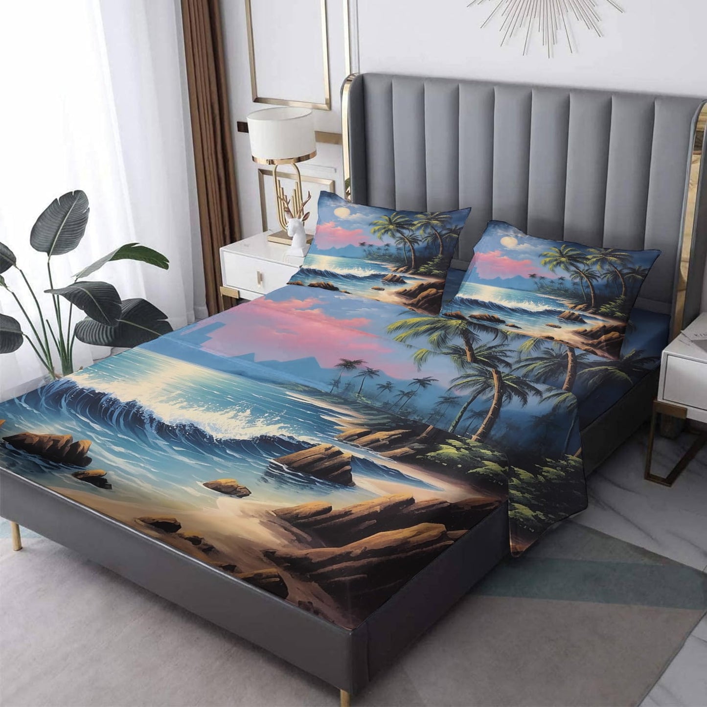 zcsm Tropical Palm Tree Sheets King Size - Beach Seascape Bed Sheets, Soft Microfiber & Deep Pocket & Wrinkle Free Patterned Bedding Sheets & Pillowcases, 1 Fitted Sheet, 1 Flat Sheet, 2 Pillow Cases