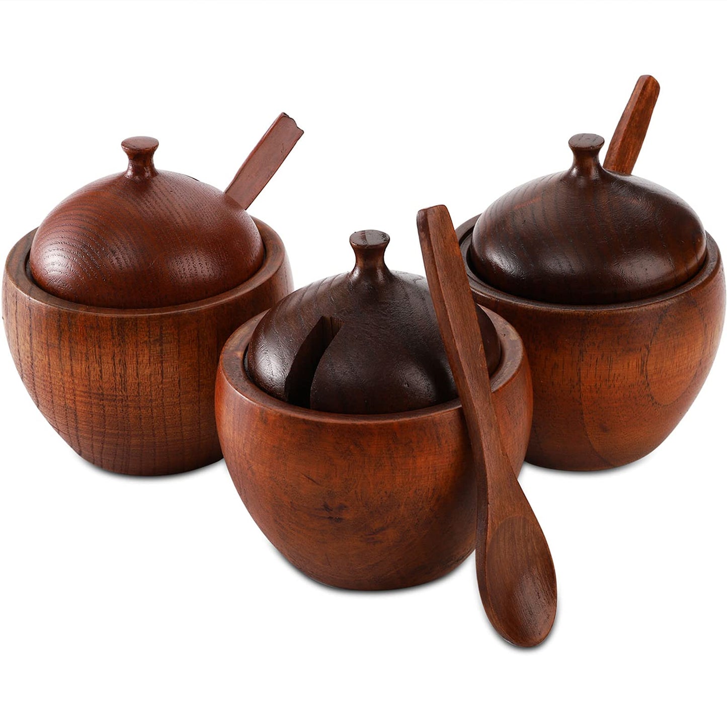 DEAYOU 3 Pack Wood Salt Box Spice Jar, Natural Wooden Salt Cellar with Lid and Spoon, Sugar Bowl Pepper Seasoning Container Holder Keeper for Kitchen, Serving, Condiment, Japanese Style