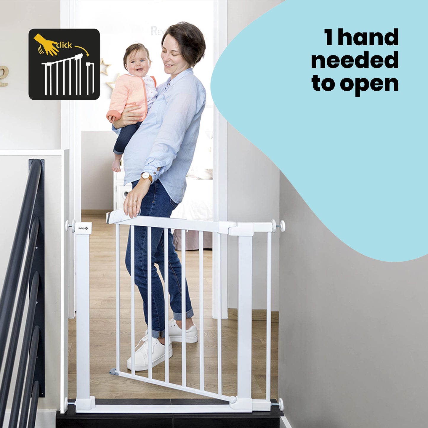 Safety 1st Flat Step Gate, Baby Stair Gate Pressure Fit, 73-80cm (max. 101cm), Ultra Flat Step-over Bar, "Keep Open" Baby Safety Gate, One-Hand Opening, No-Screw Installation (No Drilling), White