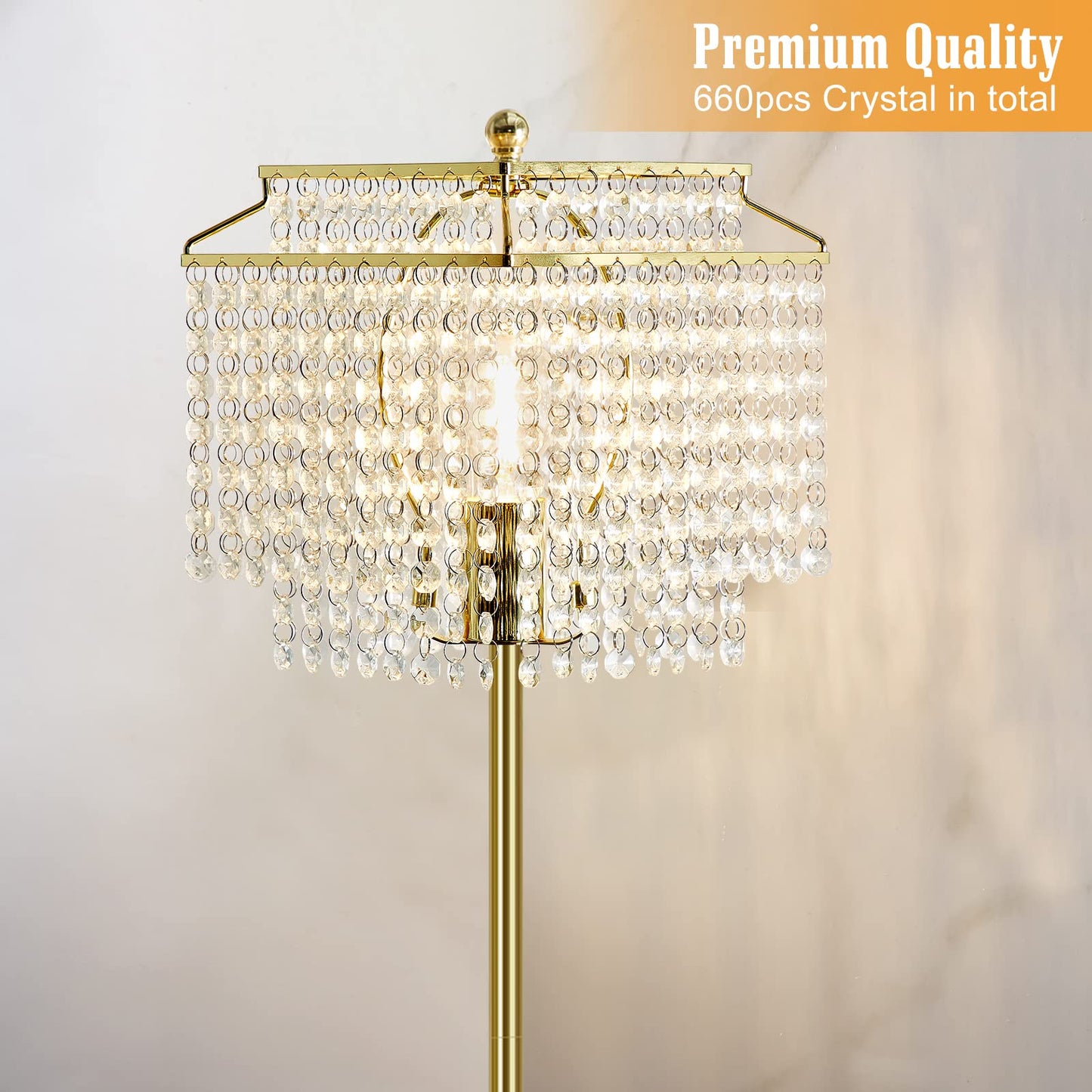 Luvkczc Gold Crystal Floor Lamp, 64" Tall Elegant Standing Lamp with On-Off Foot Switch, Double-Layer Lampshade, Standing Floor Lamps for Living Room, Bedroom, Office, 8W LED Bulb Included