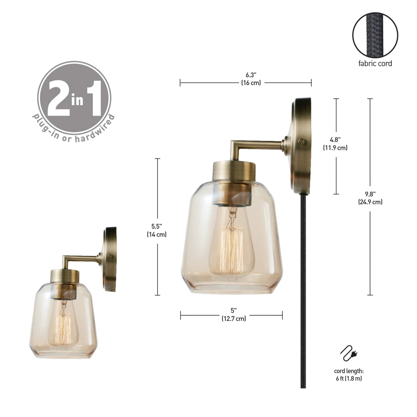 Globe Electric 51715 1-Light Plug-in or Hardwire Wall Sconce, Matte Brass, Smoked Amber Glass Shade, Black Fabric Cord, in-Line On/Off Switch, Bedroom, Living Room, Mounted Bedside Lamp