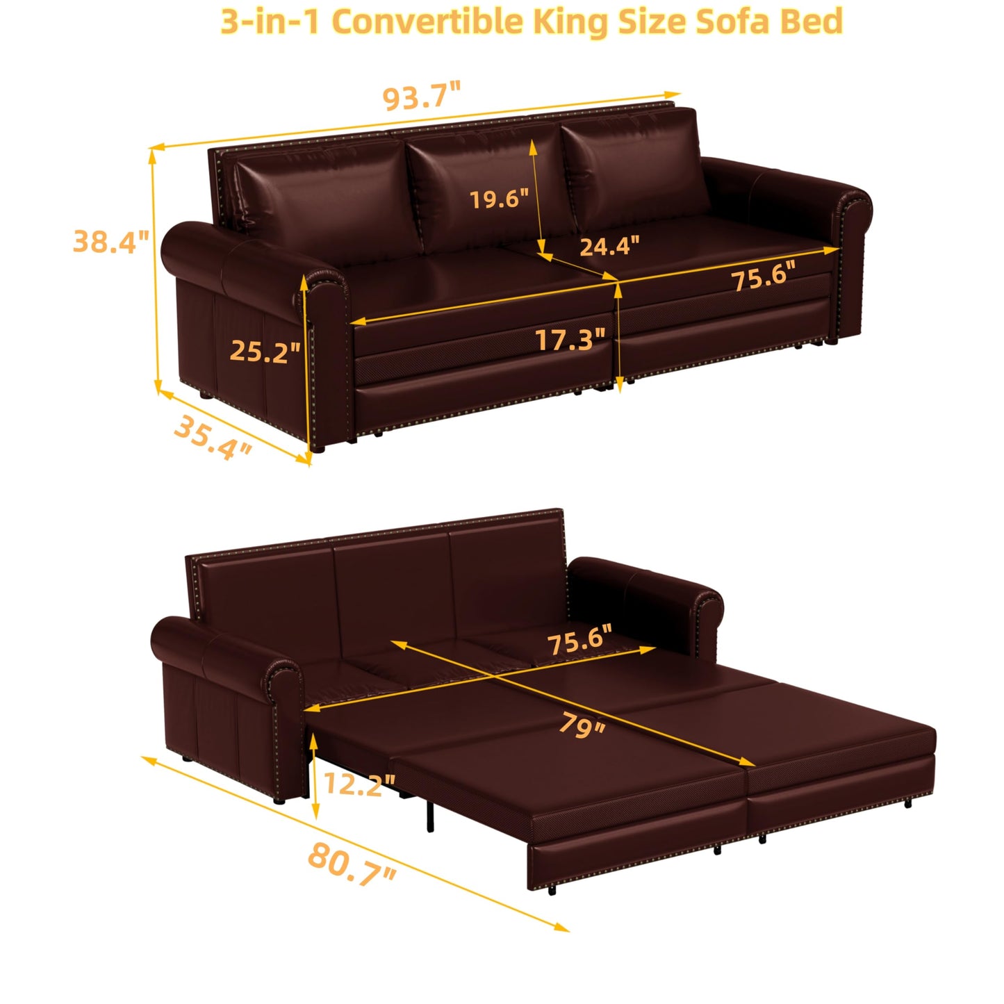 Ball & Cast 3-in-1 Convertible Sofa Bed,93.7" Faux Leather King Pull Out Couch Bed, Loveseat Sleeper Sofa with Nailhead Trim & Rolled Arm,Multi-Functional Sofa Couches for Living Room,Dark Brown