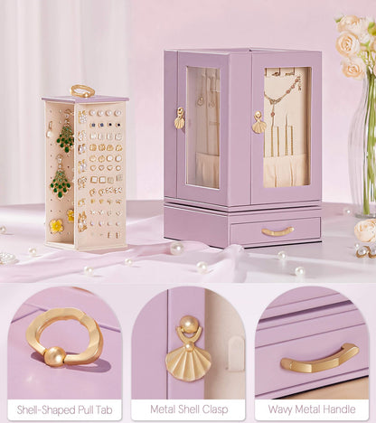 Enthralite Jewelry Box Large for Dresser: Women Necklace Ring Storage Organizer with Compartments - Elegant Earring Holder Display - 360° Rotating Jewelry Organizer with Glass Door