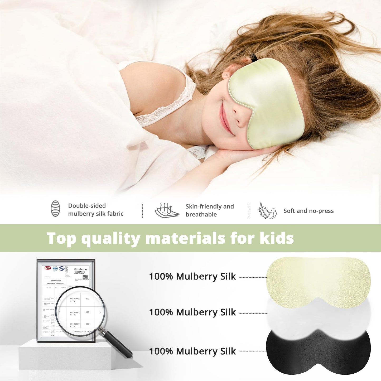 Kids Sleep Mask Eye Cover, 100% Real Natural Pure Silk Eye Mask with Adjustable Strap, Blindfold Kids Eye Mask for Sleeping, Eye Shade for Boys Girls and Adult, Pressure-Free Comfort (Black)