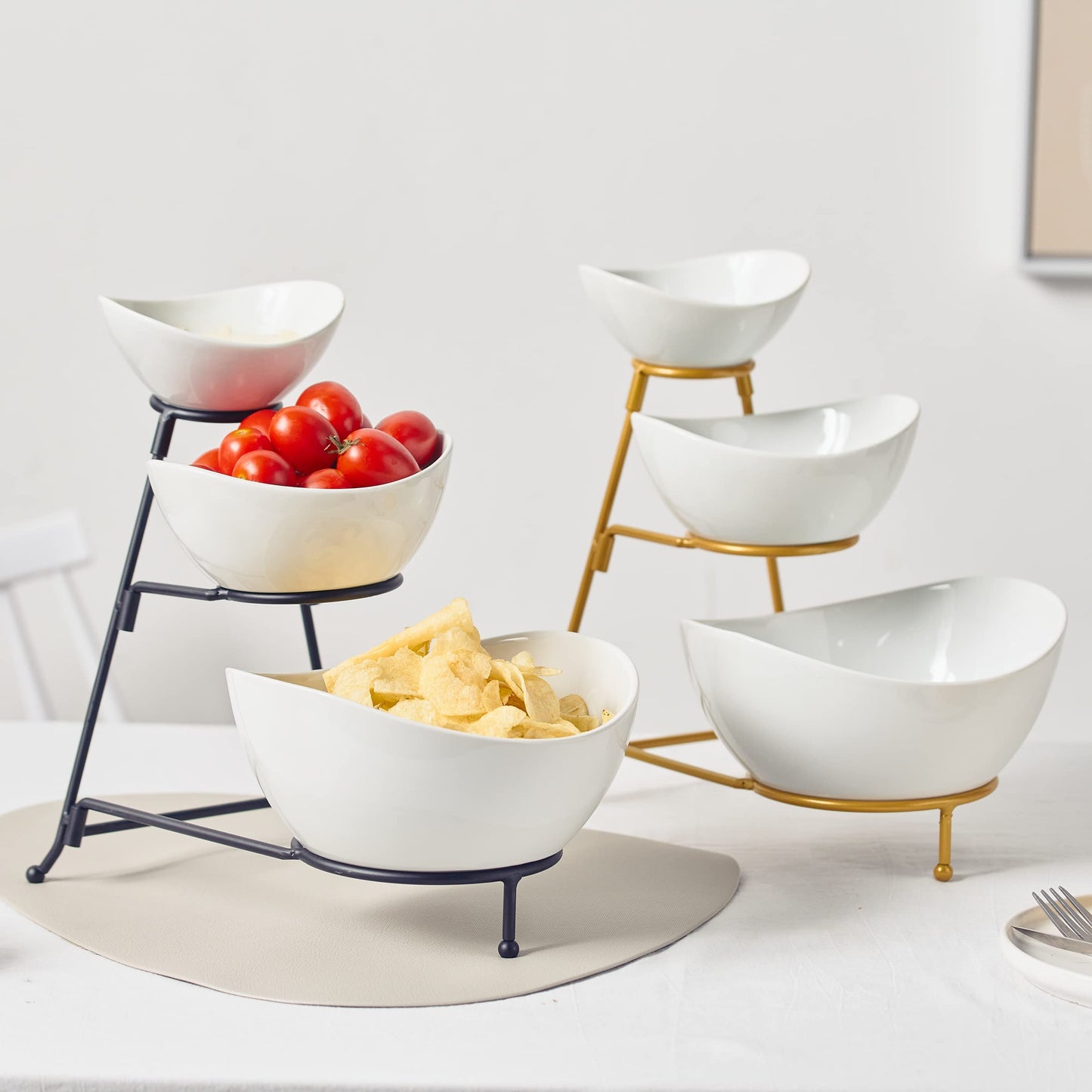 Gomakren 3 Tiered Oval Serving Bowl With Collapsible Metal Rack, Chip and Dip Serving Set, Dessert Appetizer, Candy, Fruit, Vegetable Bowl Set, Halloween Serving Bowls For Entertaining (Black Stand)