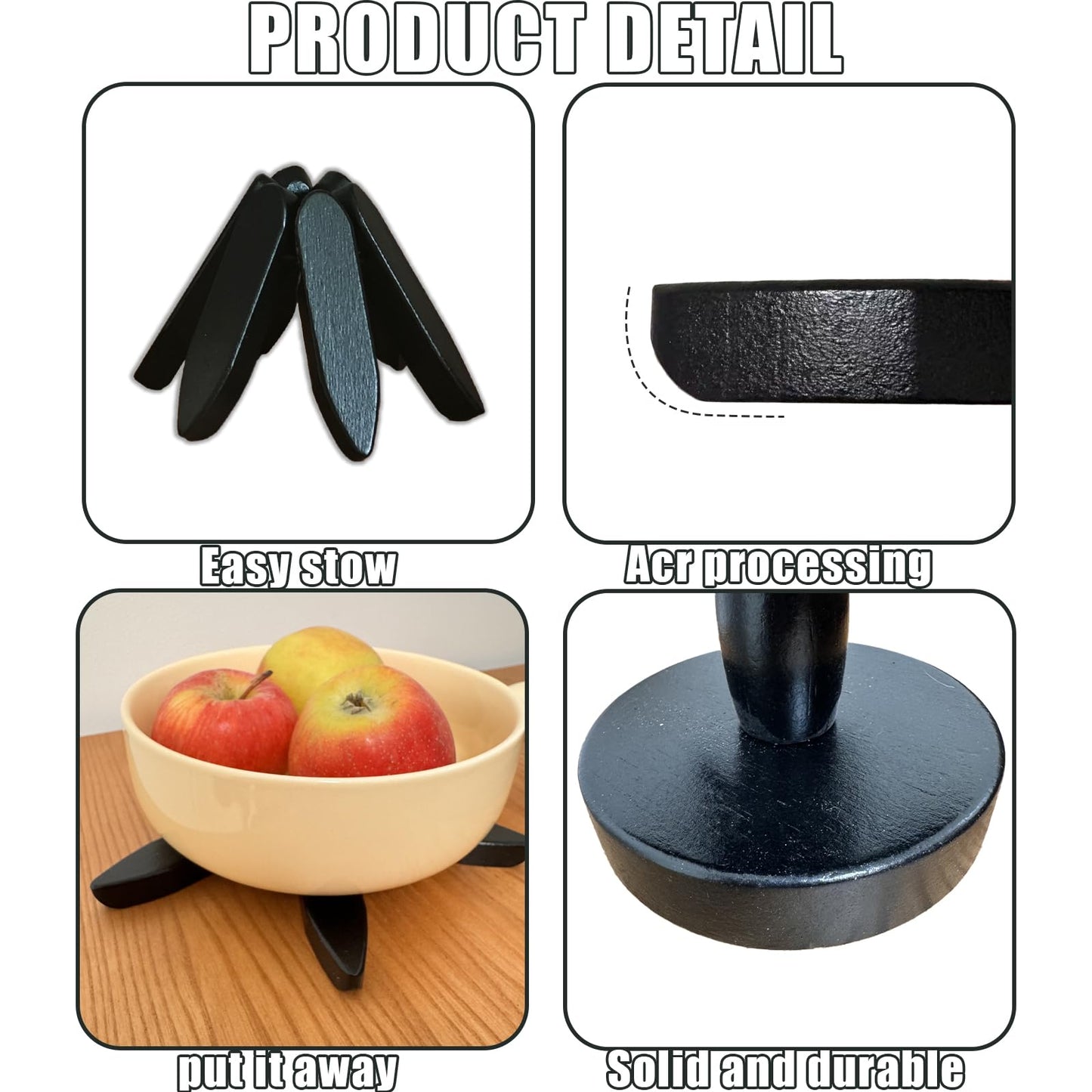 Natural Foldable Black Walnut Wooden Trivet Set - 4 Trivets + 1 Stand for Hot Dishes, Pot, Bowl, Teapot, Hot Pot Holders (Black)