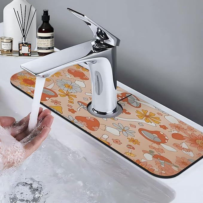 Mushroom Magic Retro Floral Bold Kitchen sink faucet pad, strong water