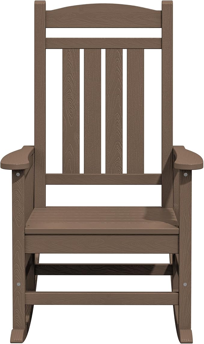 KINGYES HDPE Outdoor Rocking Chair Set of 4, All-Weather Poly Patio Rocking Chairs with 330lbs Support for Adults, Brown