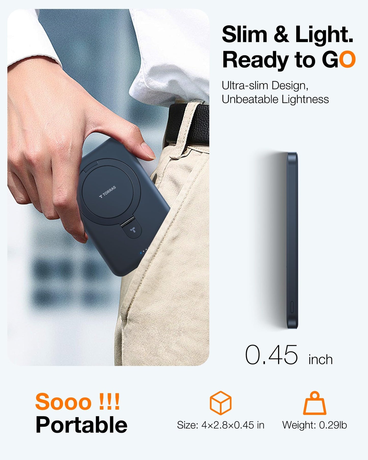 TORRAS EasyGo 0.45" Slim Magnetic Portable Charger Power Bank for iPhone, 5000mAh 22.5W PD Fast Charging Wireless Battery Pack Compatible with Magsafe, iPhone Air,Pro,Pro Max,17,16,15,14,13,12, Black