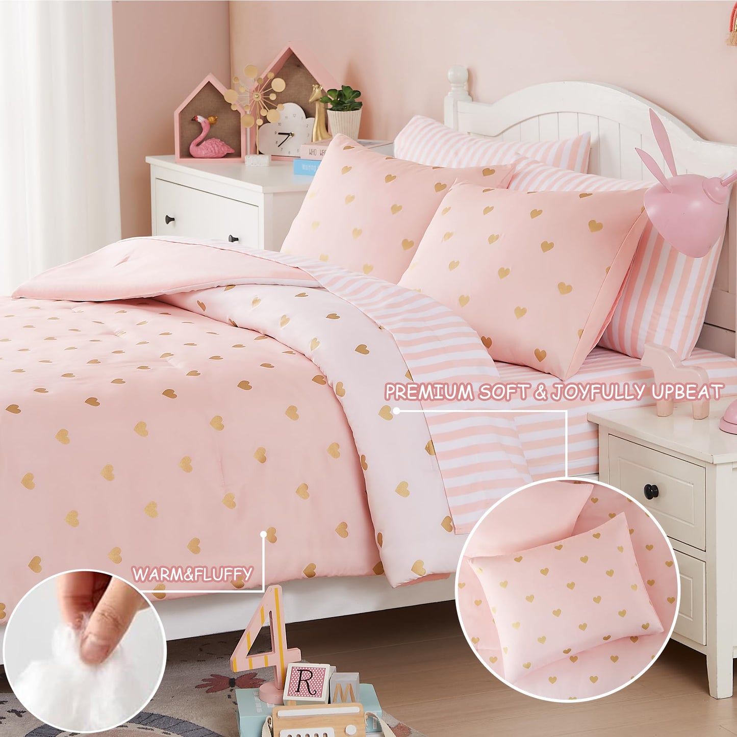 Wink Deer Twin Comforter Set with Sheets for Girls-5 Pieces Twin Bedding Sets with Pink White Gradient Ombre Comforter, Sheets, Pillowcase & Sham for Kids (Gold Heart, 66" X 86")