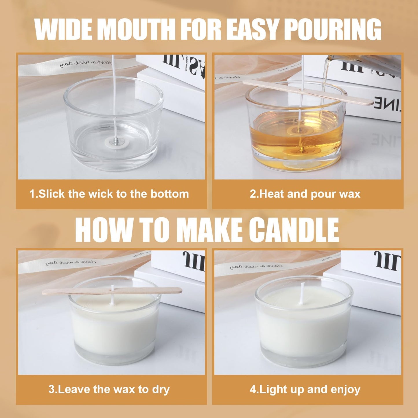 YJHSS 16oz Glass Candle Jars, 6-Pack 3 Wick Candles Jars for Making Candles, Empty Thick Glass Wide-Mouth Jars with Bamboo Lids & Wick Kits, Candle Containers Bulk - Clear