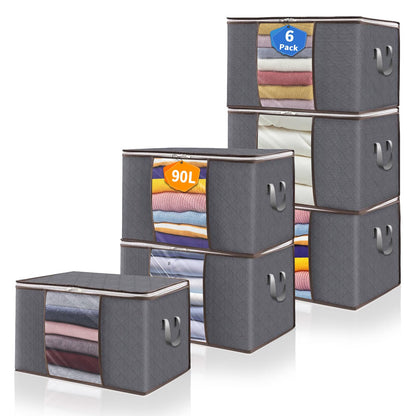 90L Clothes Blanket Storage Bags, 6 Pack Under Bed Storage Bins with Lids, Foldable Closet Organizer with Reinforced Handles for Clothing, Blanket, Comforters, Bed Sheets, Pillows and Toys, Gray
