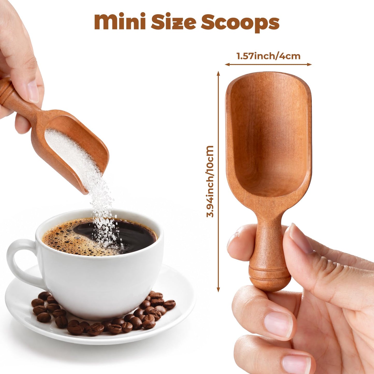 KVEKVE 6 PCS Wooden Coffee Scoops for Canisters, Small Wood Scoop Set with Long Handle, Deep Measuring Scoop for Ground Coffee, Beans, Tea, Sugar, Flour, Spices, Bath Salt & Laundry Powder