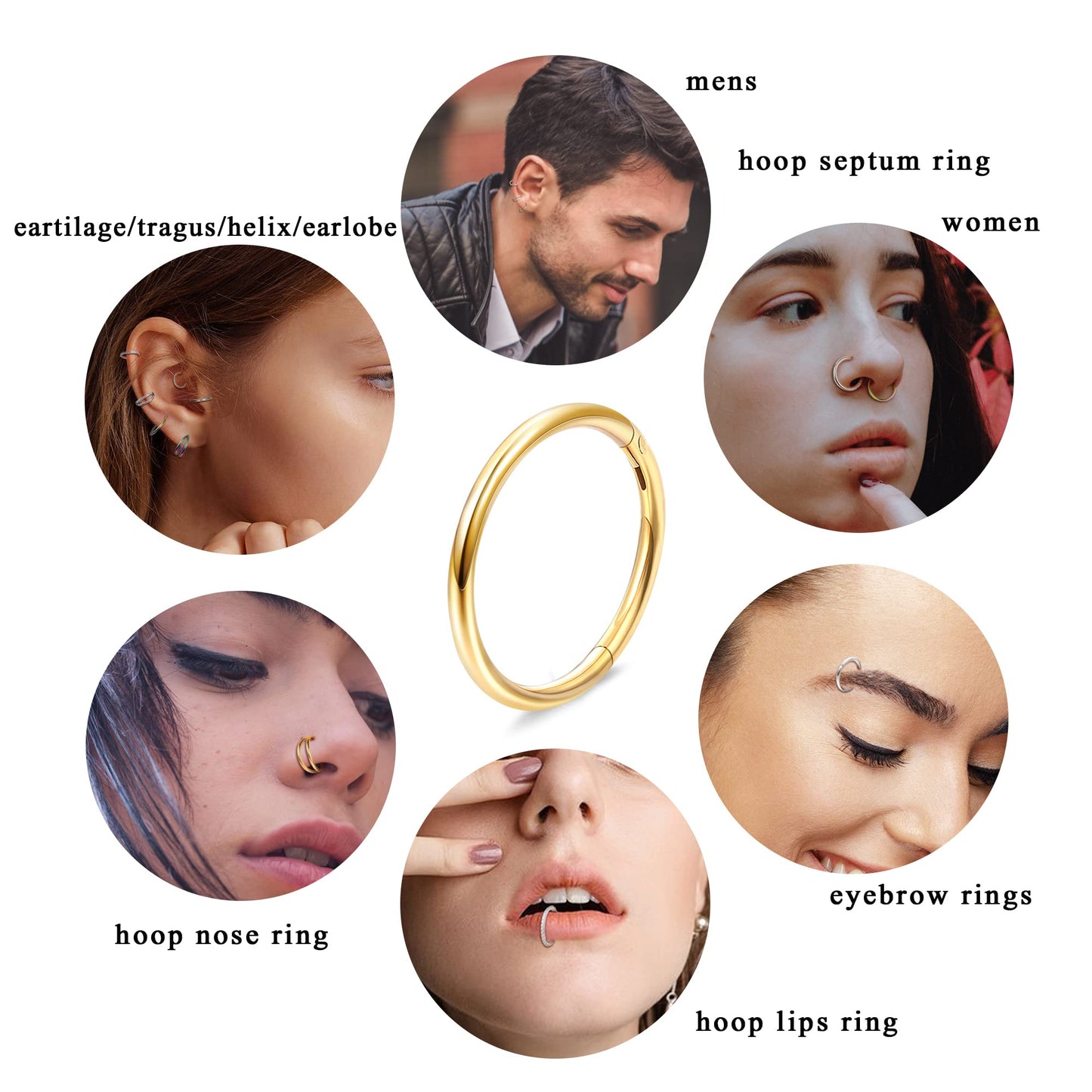 Dochais 4 Pieces Nose Ring 18G, Septum Ring Clicker, Nose Ring Stainless Steel, Septum Piercing Jewellery, Daith Piercing Hoop for Women Men Silver 8mm