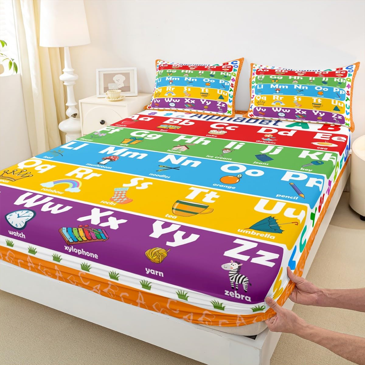 ABC Alphabet Bed Sheet Set Twin Size, Learning Alphabet Fitted Sheet Kids Toddler Educational Bedding Set Word Educational Bed Cover (1 Pillow Case and a Fitted Sheet)