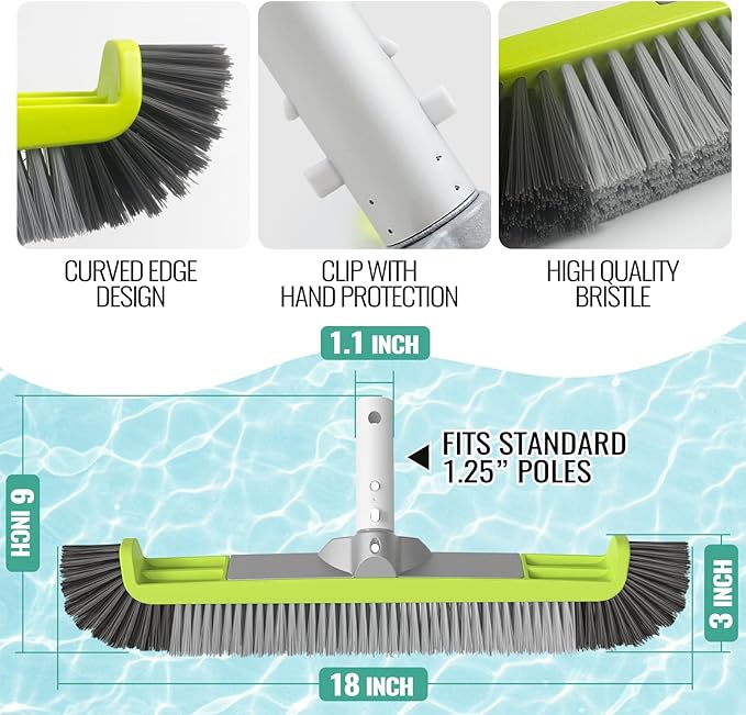 18" Pool Brush Head for Cleaning Swimming Pool Walls, Curved Ends
