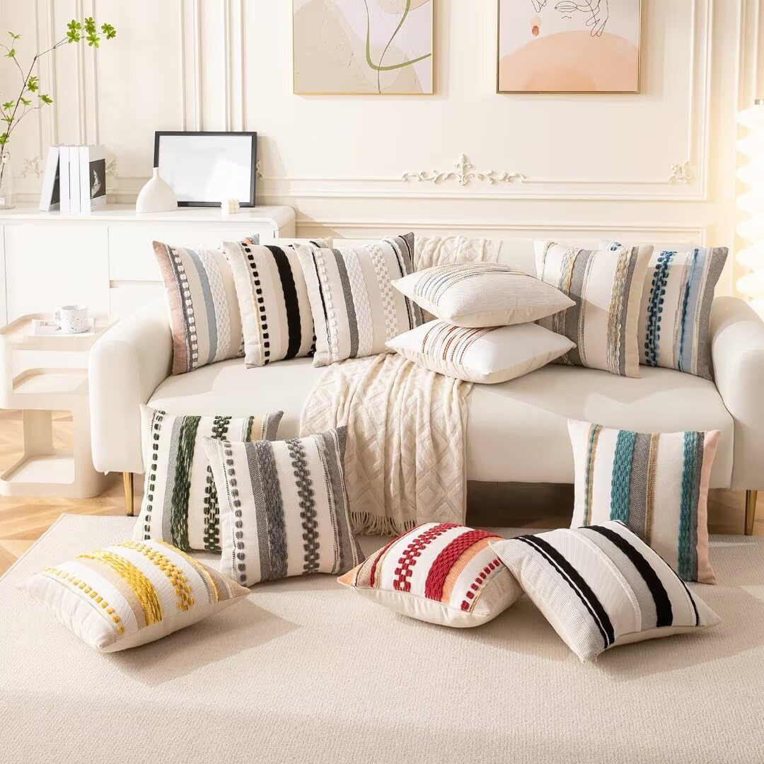WANLIRD Boho Throw Pillow Covers 18x18 Set of 2 Farmhouse Decorative Cushion Case Striped Square Pillows Cover Chenille Pillow Cases Accent Neutral Pillowcase for Sofa Couch Bed,Yellow
