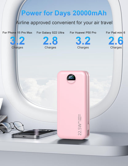 Ffnpua Portable Charger with Wall Plug, 20000mAh USB C Power Bank Fast Charging, External Battery Pack with Built in Cables, Digital Display, 5 Output 2 Input for iPhone Android Cell Phone Tablet