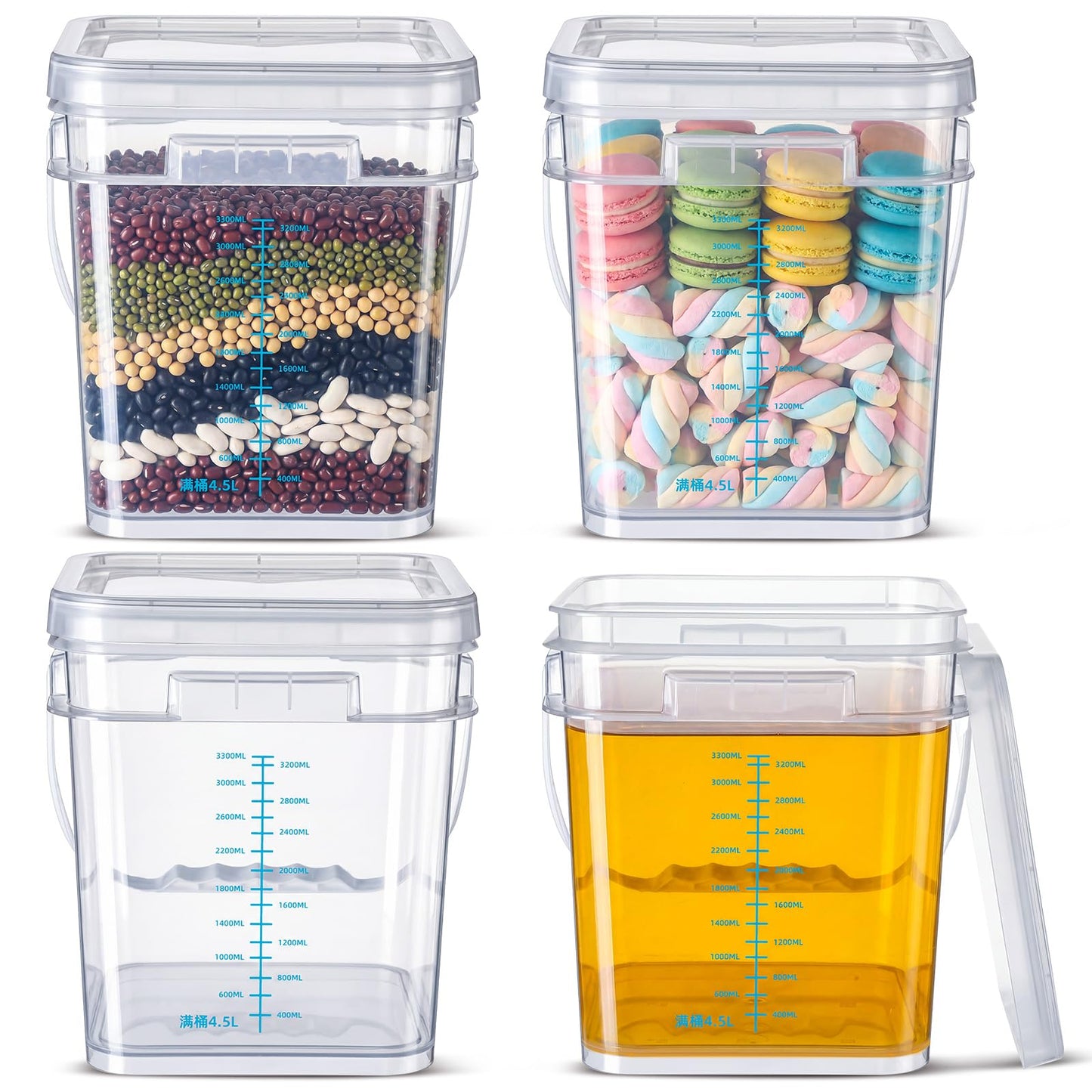 LemonRoad 4 Pcs Clear Square Bucket with Lid 1 Gallon Graduated Pail Container Food Grade Buckets for Cleaning Plastic Pails with Grip Handles for Kitchen Meal Prep Snack Rice Flour Pet Food, 4 Qt