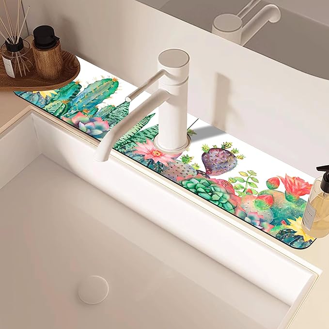 Watercolor Cactus Floral Sink Faucet Absorbing Mat Sink Splash Guard Faucet Mat