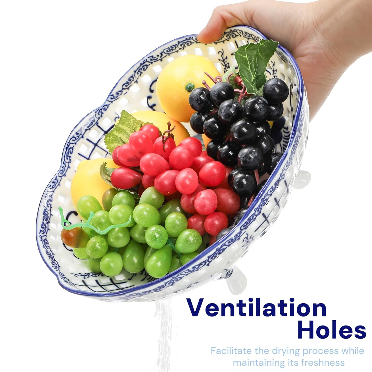 YIMITEE 10 Inch Ceramic Fruit Bowl, Blue and White Porcelain Pedestal Fruit Basket, Chinoiserie Decorative Vegetable Holder with Drainage Hole for Kitchen Counter Veggies, Candy, Cookie, Cake