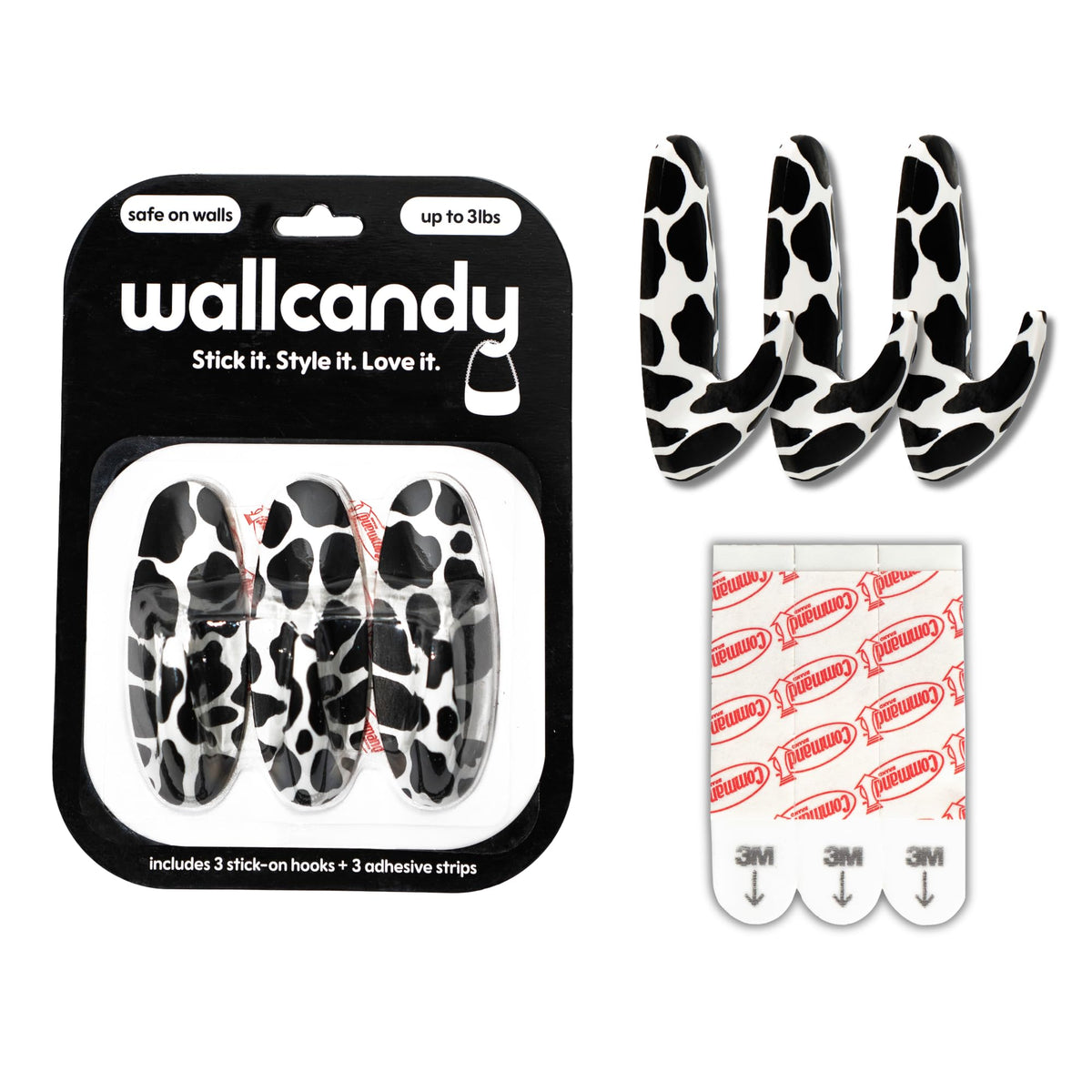 WallCandy Adhesive Stick-on wall Hanging Hook | Pack of 3 Self Adhesive Wall Hooks with Heavy Duty Sticky Strips that Hold Up to 3lbs, Easy to Install Hanging Hook, Bathroom & Kitchen (Cow Print)