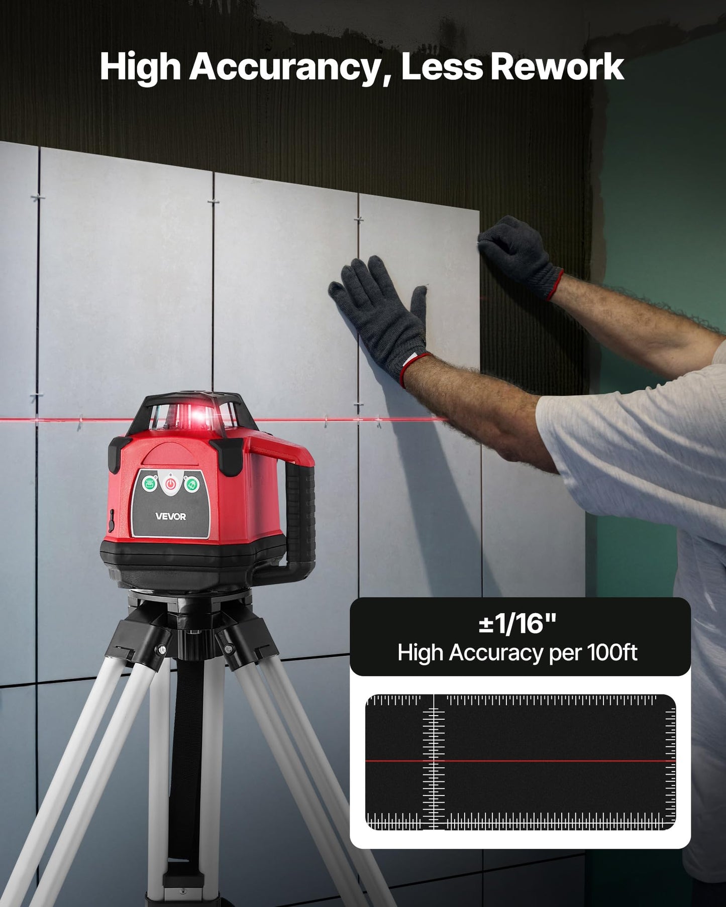VEVOR Rotary Laser Level Kit, 1650ft 360-Degree Self Leveling Red Horizontal Laser Transit,with Heavy-duty Tripod, Receiver, Remote Control, Toolcase, IP54 Waterproof, 0.06 in/100 ft for Construction