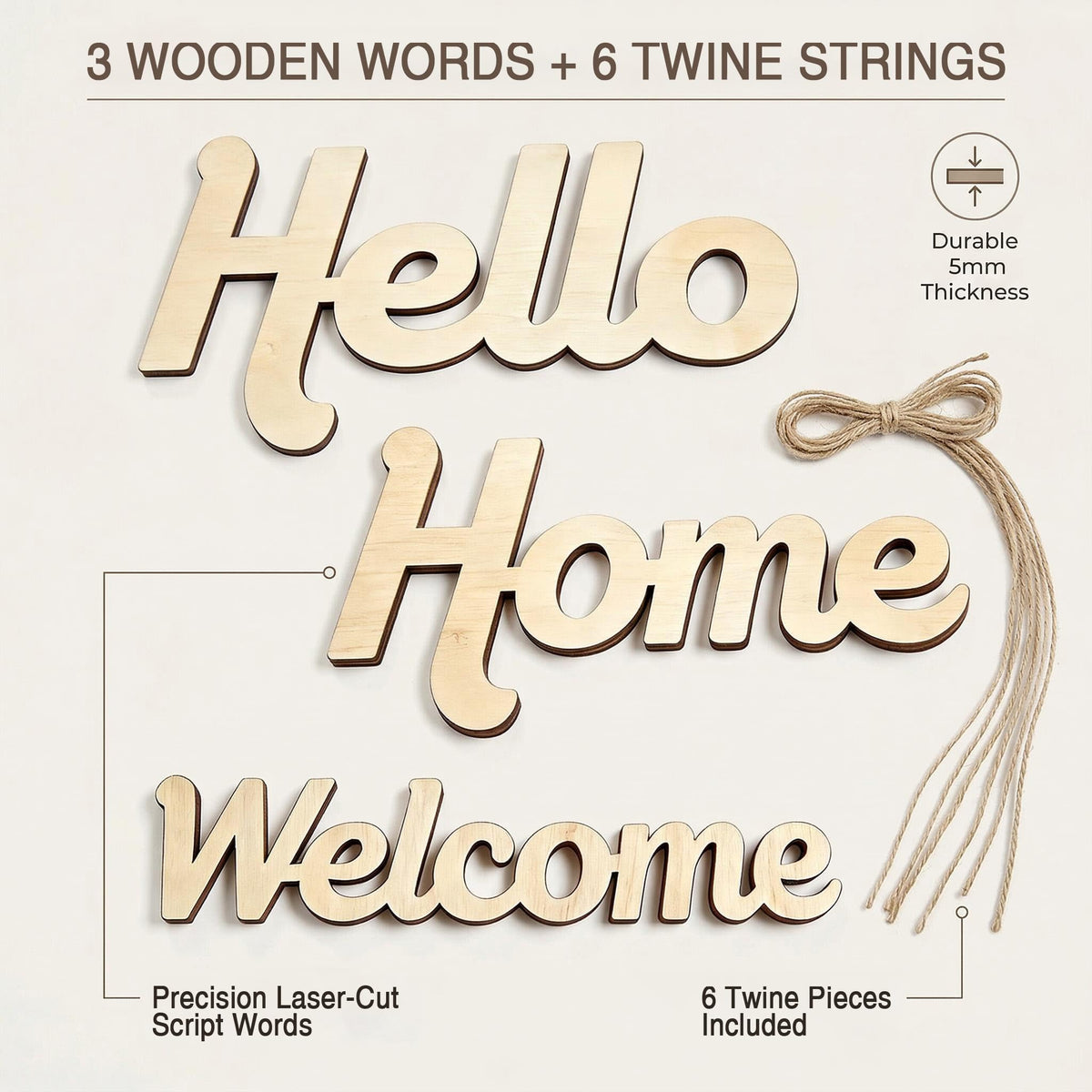 3 Pk 5mm Unfinished Wood Words Cutouts Hello Home Welcome Sign