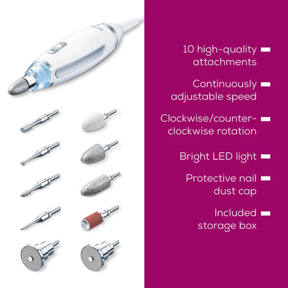 Beurer MP64 Nail Drill Kit, Cordless Electric Nail File with 10 Attachments and LED Light, Electric Manicure Set with Adjustable Speed, E-File for Manicure and Pedicure, with Storage Case