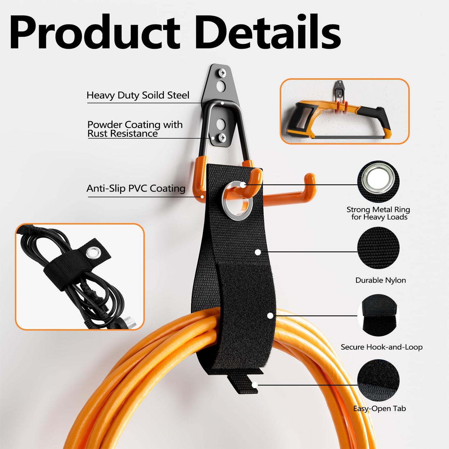 HSTMYFS 10 Pack Heavy Duty Garage Hooks with 2 Extension Cord Holder, Utility Steel Storage Hooks, Wall Mount Hooks & Tool Organiser Hanger, Hanging for Bike, Garden & Shed Tools, Ladder, Hose