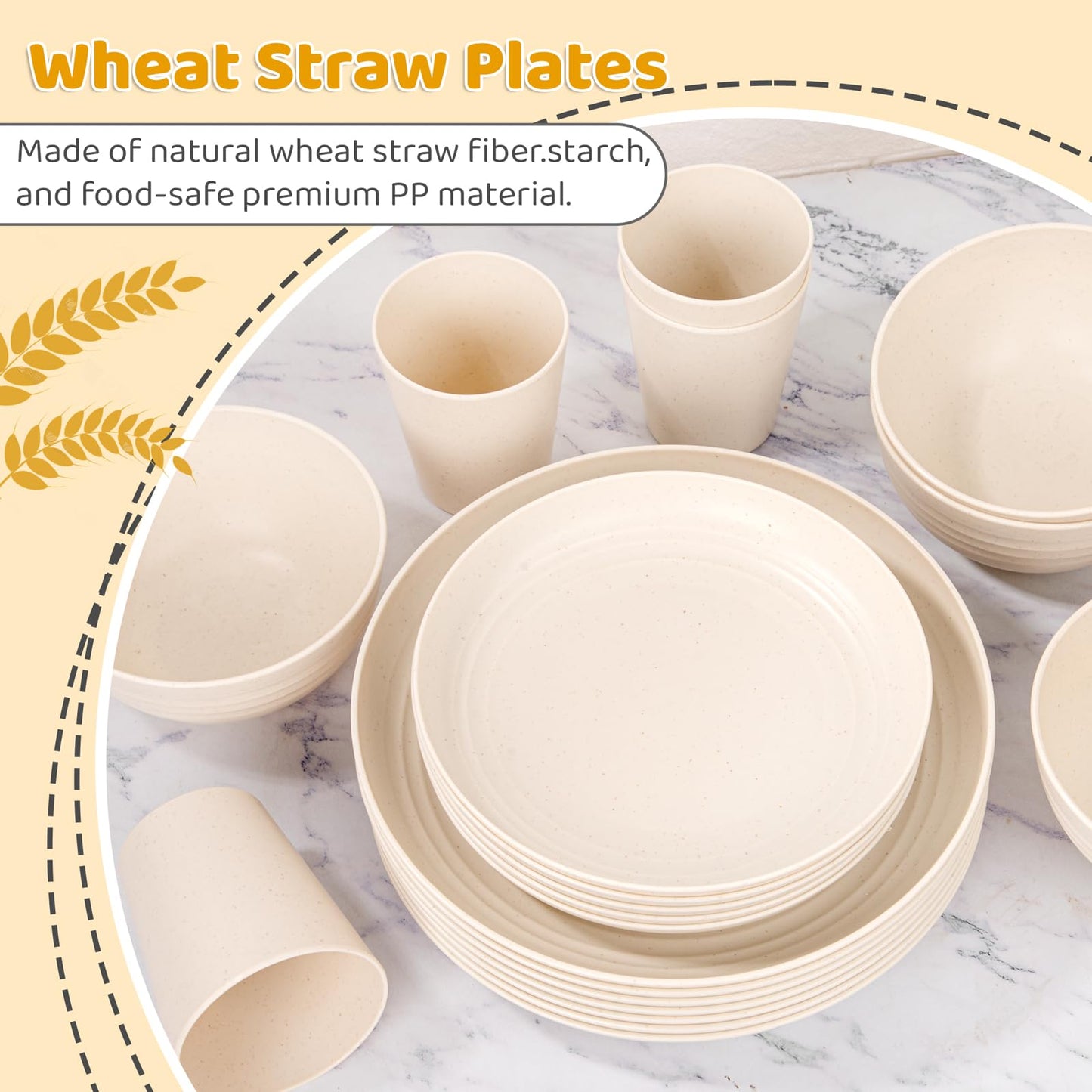 LIYH 32 Pcs Beige Wheat Straw Dinnerware Set for 8, Plastic Plates and Bowls Set, Unbreakable Dishes Set for 8, Dishwasher & Microwave Safe Reusable