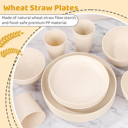 LIYH 32 Pcs Beige Wheat Straw Dinnerware Set for 8, Plastic Plates and Bowls Set, Unbreakable Dishes Set for 8, Dishwasher & Microwave Safe Reusable