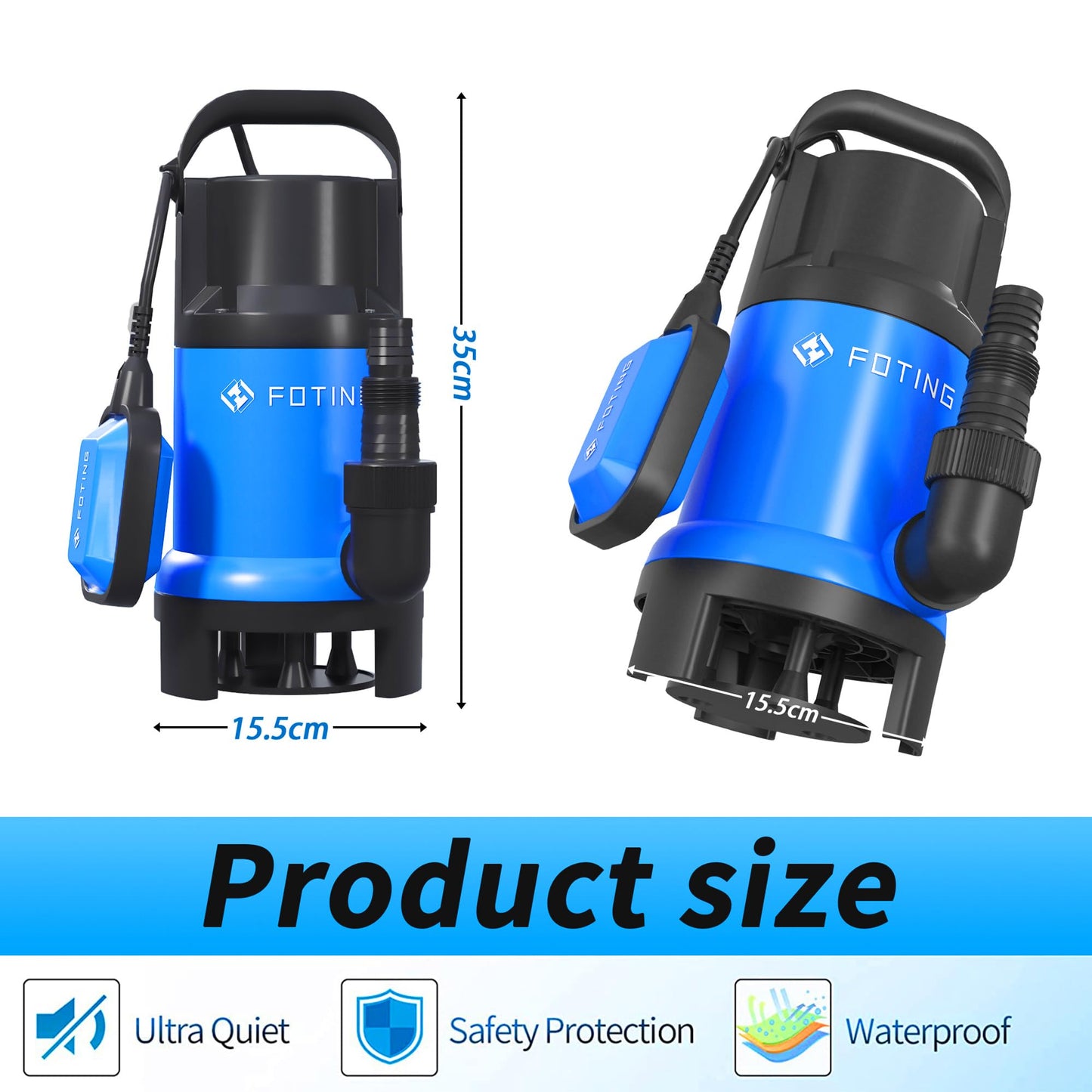 FOTING 900W Submersible Water Pump for Dirty/Clean Water, 14000 L/H Electric Sump Pump with Float Switch, Portable Water Pump to Empty Pool, Drainage Pump for Garden Pond, Pools, Hot Tub, Ditches